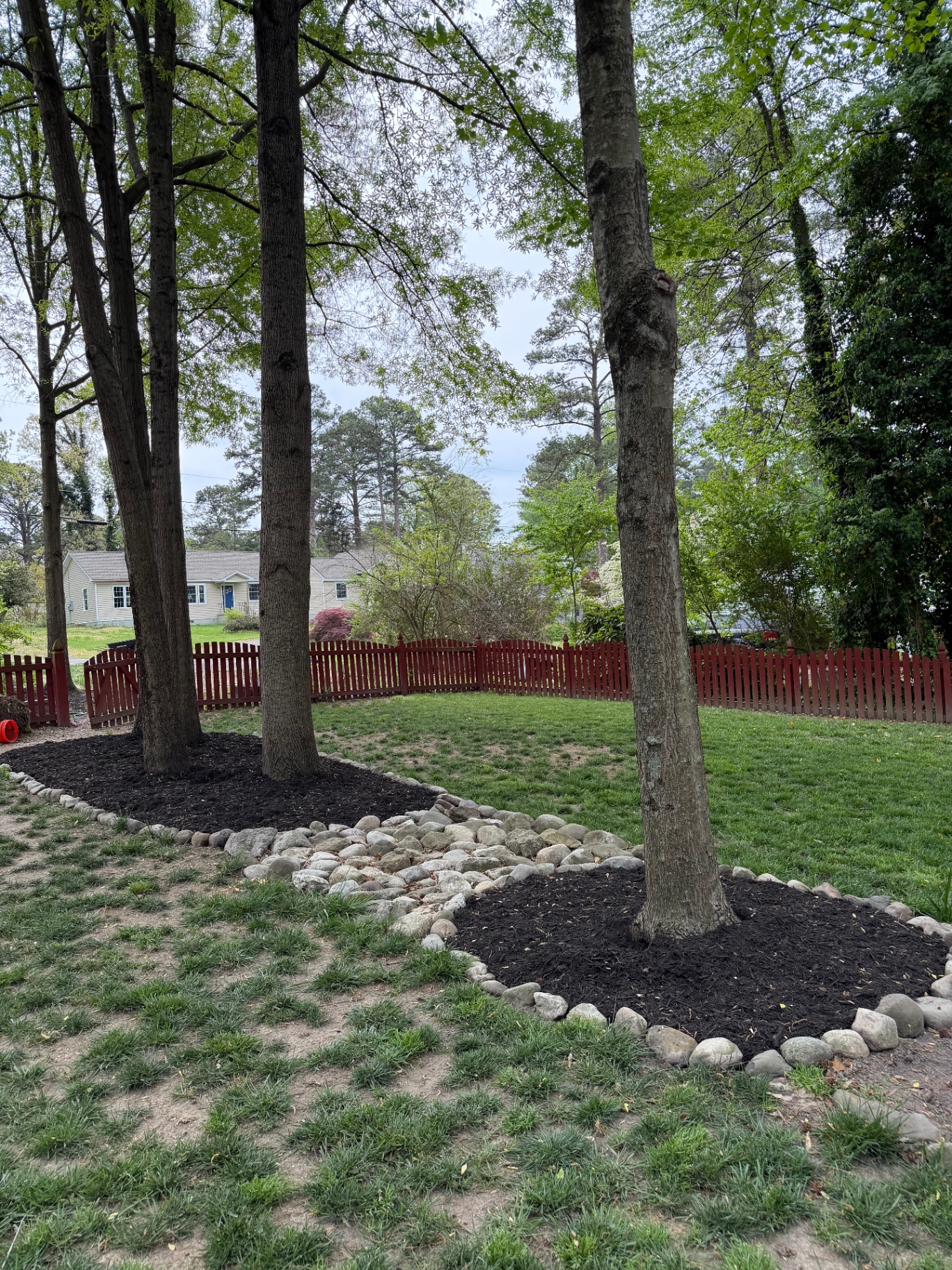 Backyard tree rings refreshed with dark mulch and natural stone borders